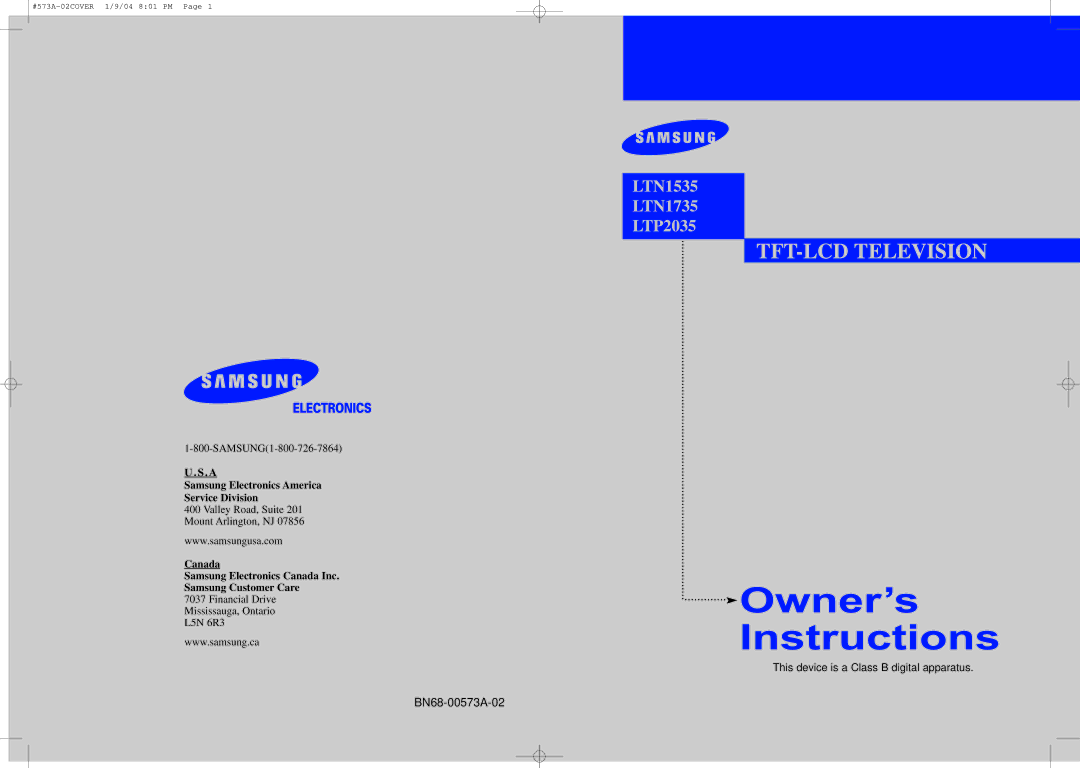 Samsung LT-P2035 manual LTN1535 LTN1735 LTP2035 