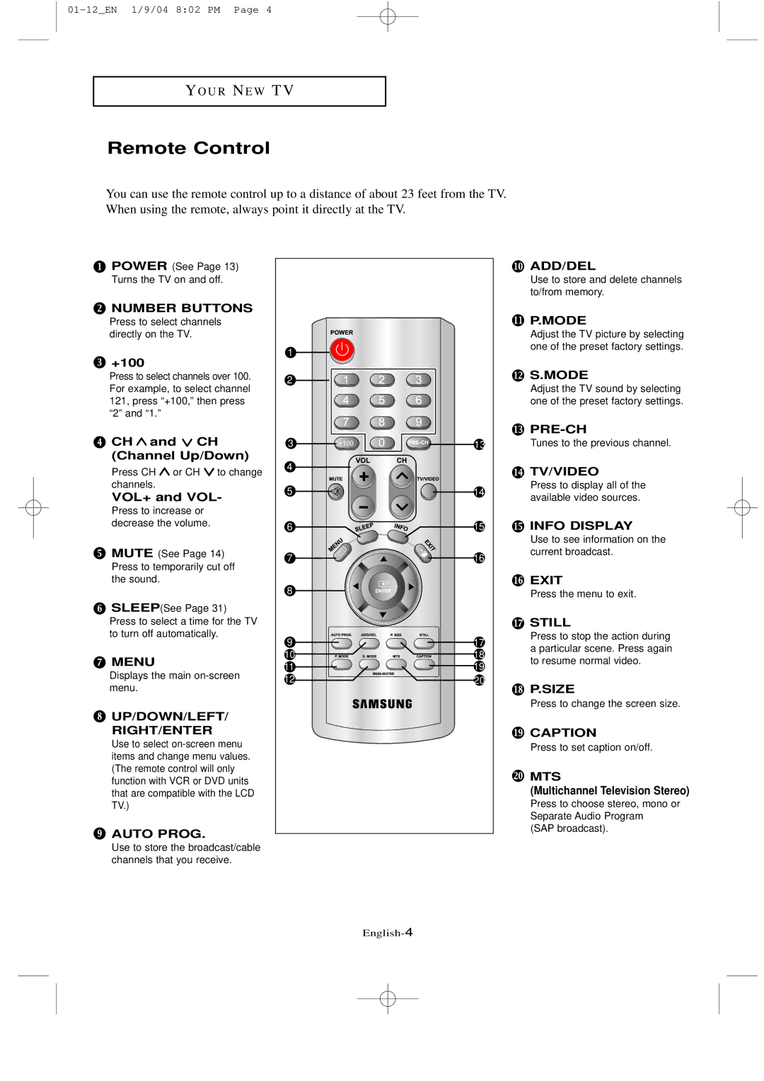 Samsung LTN1735, LT-P2035 Remote Control, +100, CH and CH Channel Up/Down, VOL+ and VOL, Multichannel Television Stereo 