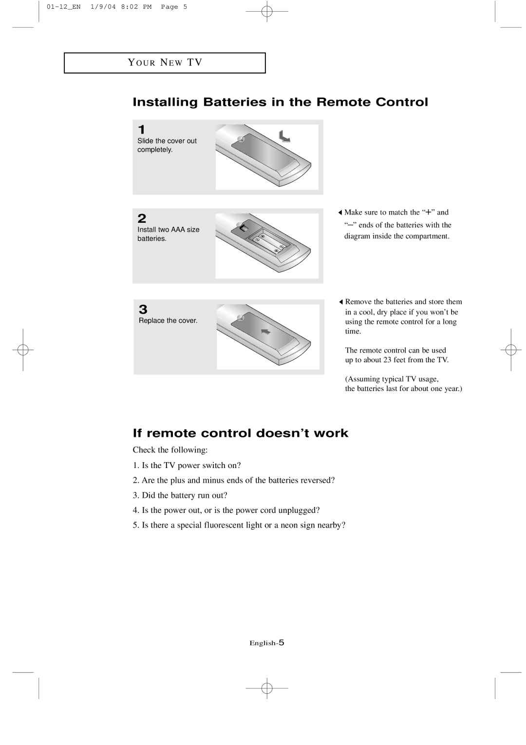 Samsung LT-P2035, LTN1735 manual Installing Batteries in the Remote Control, If remote control doesn’t work 