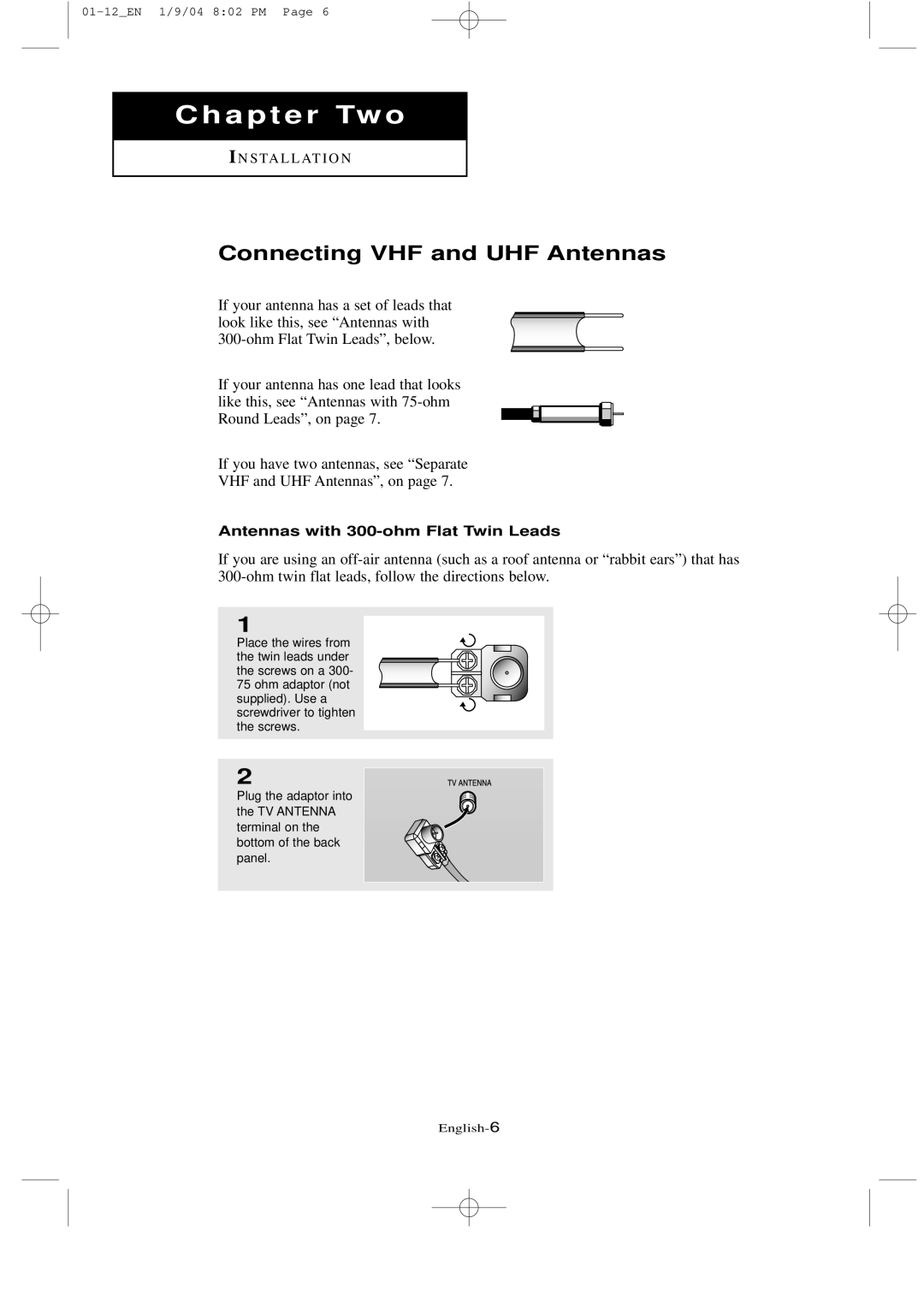 Samsung LTN1735, LT-P2035 manual Connecting VHF and UHF Antennas, Antennas with 300-ohm Flat Twin Leads 