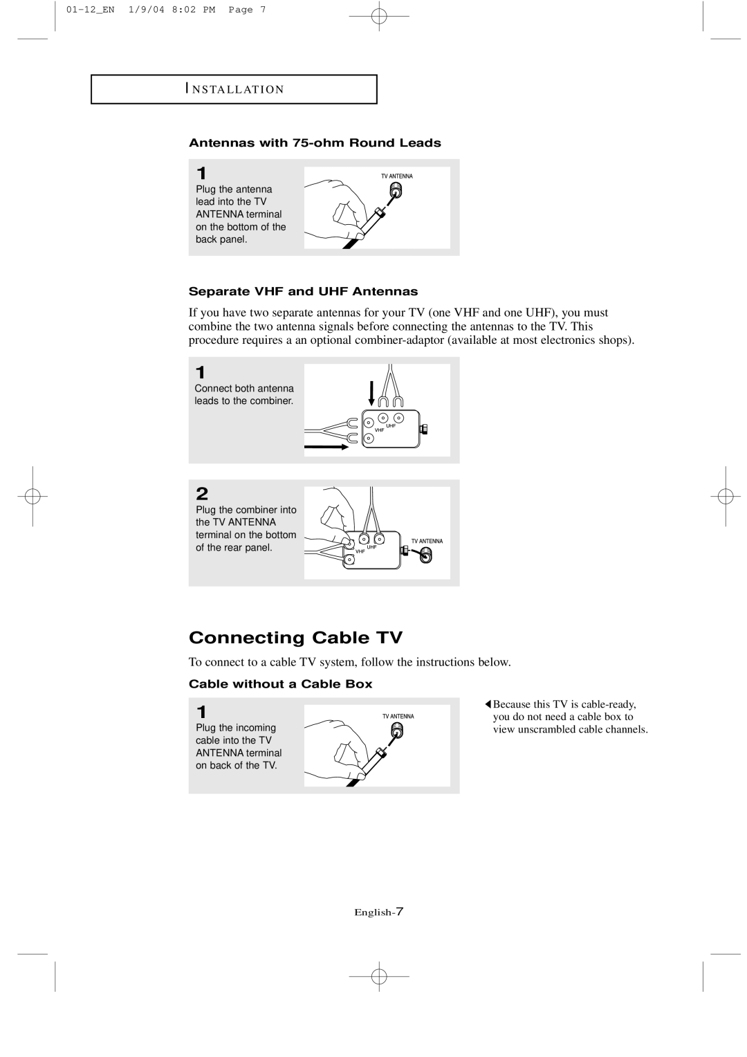 Samsung LT-P2035, LTN1735 manual Connecting Cable TV, Antennas with 75-ohm Round Leads, Separate VHF and UHF Antennas 