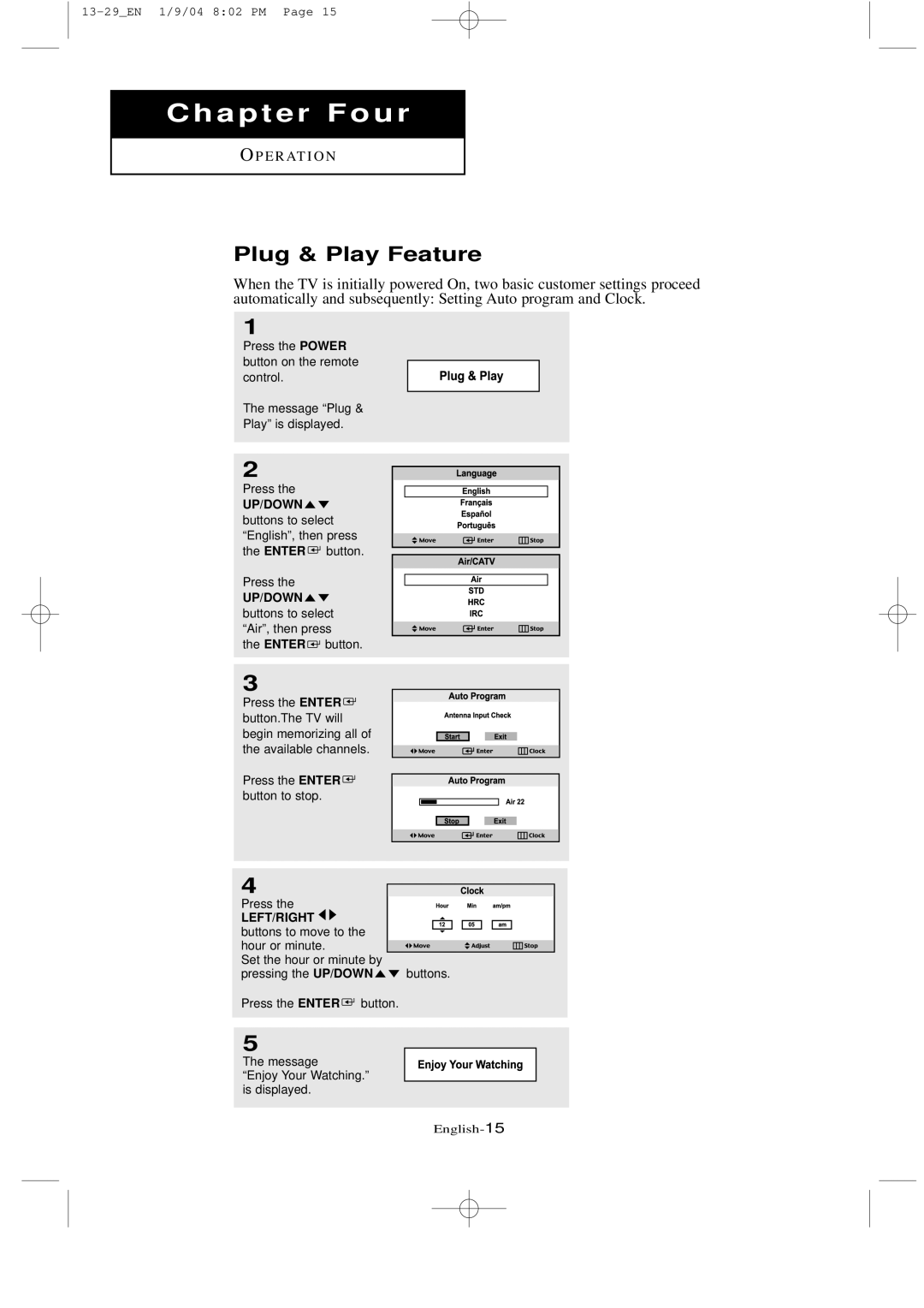 Samsung LT-P2035, LTN1735 manual Plug & Play Feature, UP/DOWN buttons to select Air, then press 