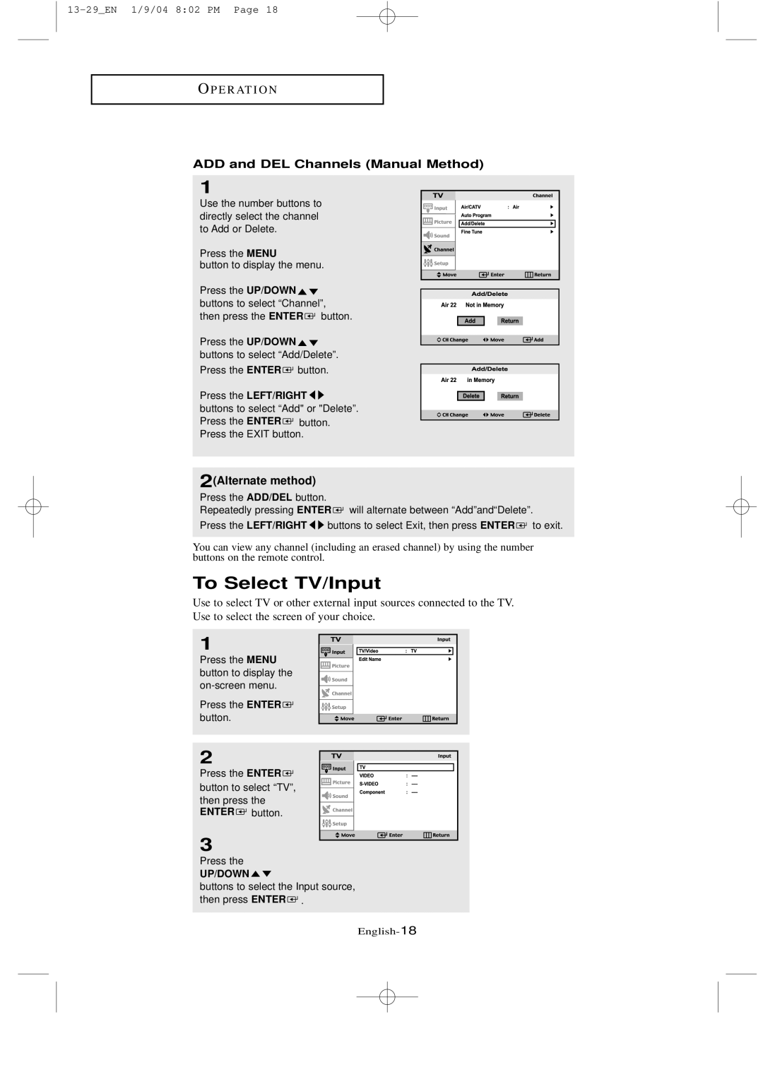 Samsung LTN1735, LT-P2035 manual To Select TV/Input, ADD and DEL Channels Manual Method, 2Alternate method 