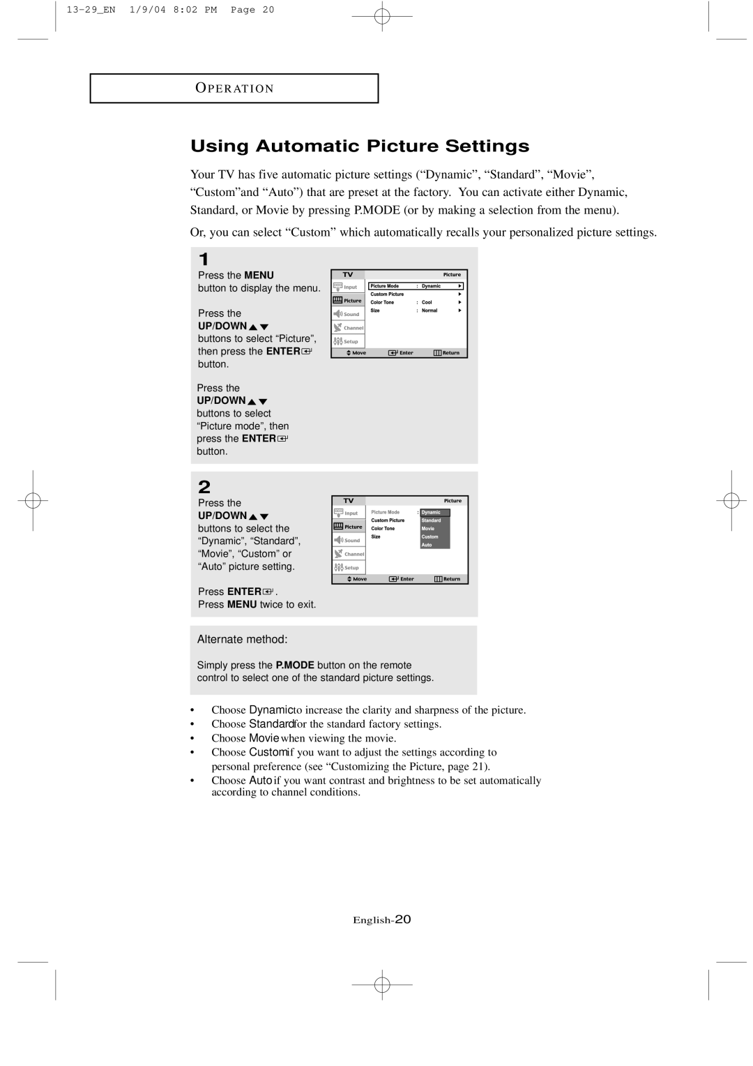 Samsung LTN1735, LT-P2035 manual Using Automatic Picture Settings, Alternate method 