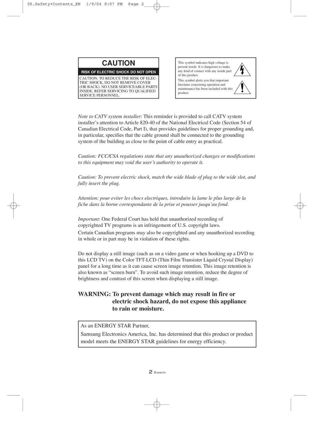 Samsung LT-P2035, LTN1735 manual Risk of Electric Shock do not Open 