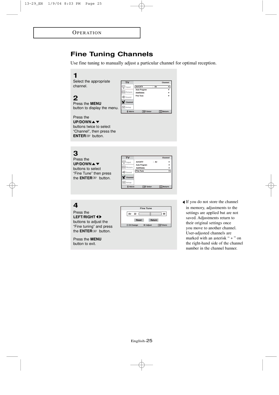 Samsung LT-P2035, LTN1735 manual Fine Tuning Channels 