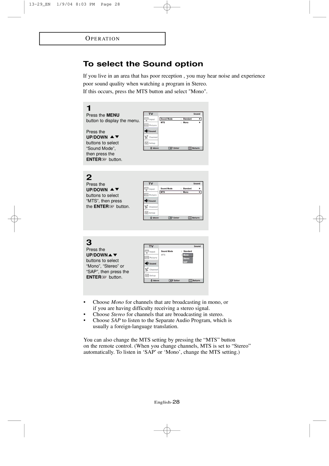 Samsung LTN1735, LT-P2035 manual To select the Sound option, UP/DOWN buttons to select MTS, then press the Enter button 