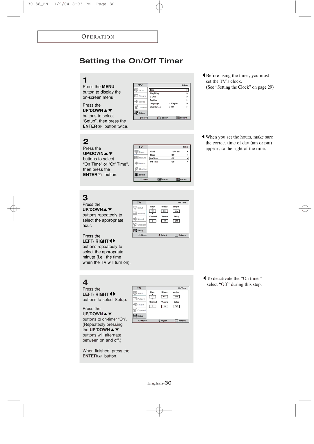 Samsung LTN1735, LT-P2035 manual Setting the On/Off Timer, UP/DOWN buttons to select 