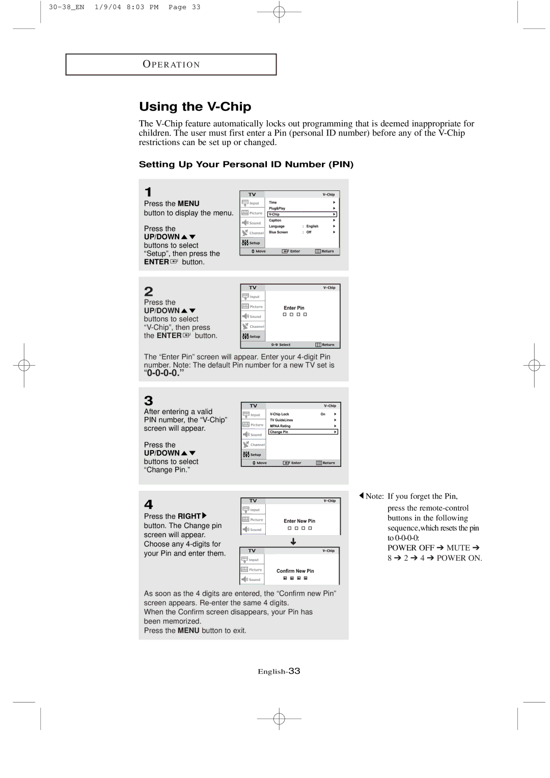 Samsung LT-P2035, LTN1735 Using the V-Chip, Setting Up Your Personal ID Number PIN, UP/DOWN buttons to select Change Pin 