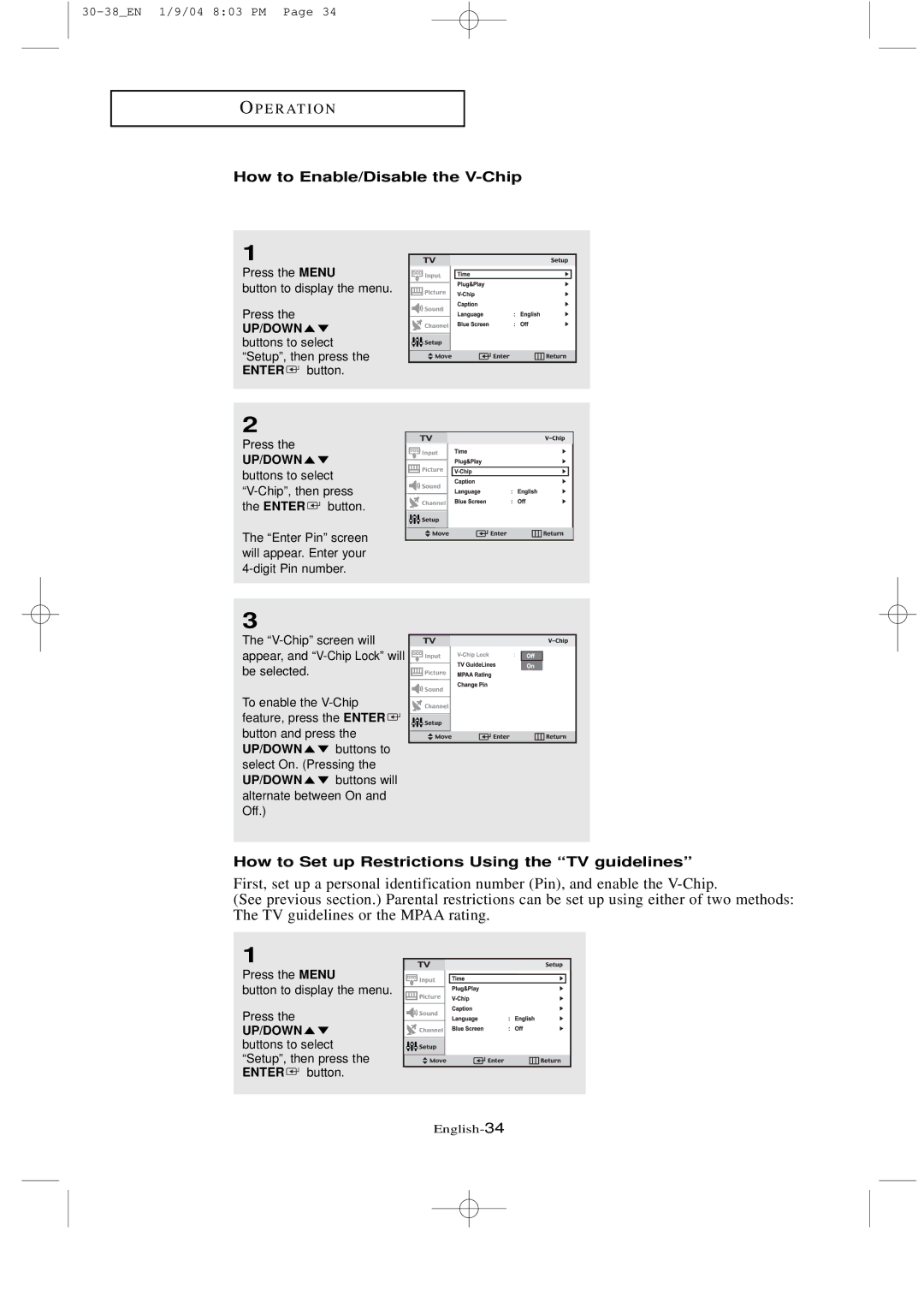 Samsung LTN1735, LT-P2035 manual How to Enable/Disable the V-Chip, How to Set up Restrictions Using the TV guidelines 