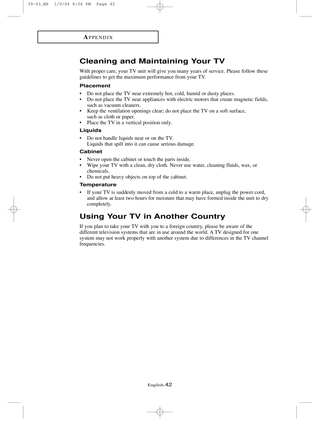 Samsung LTN1735, LT-P2035 manual Cleaning and Maintaining Your TV, Using Your TV in Another Country 