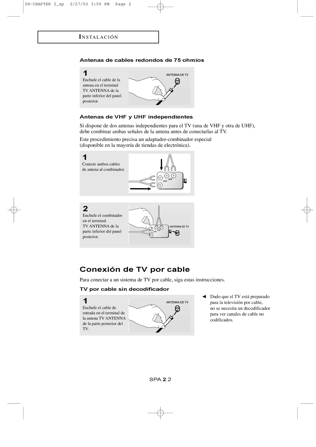 Samsung LTN1765 Conexión de TV por cable, Antenas de cables redondos de 75 ohmios, Antenas de VHF y UHF independientes 