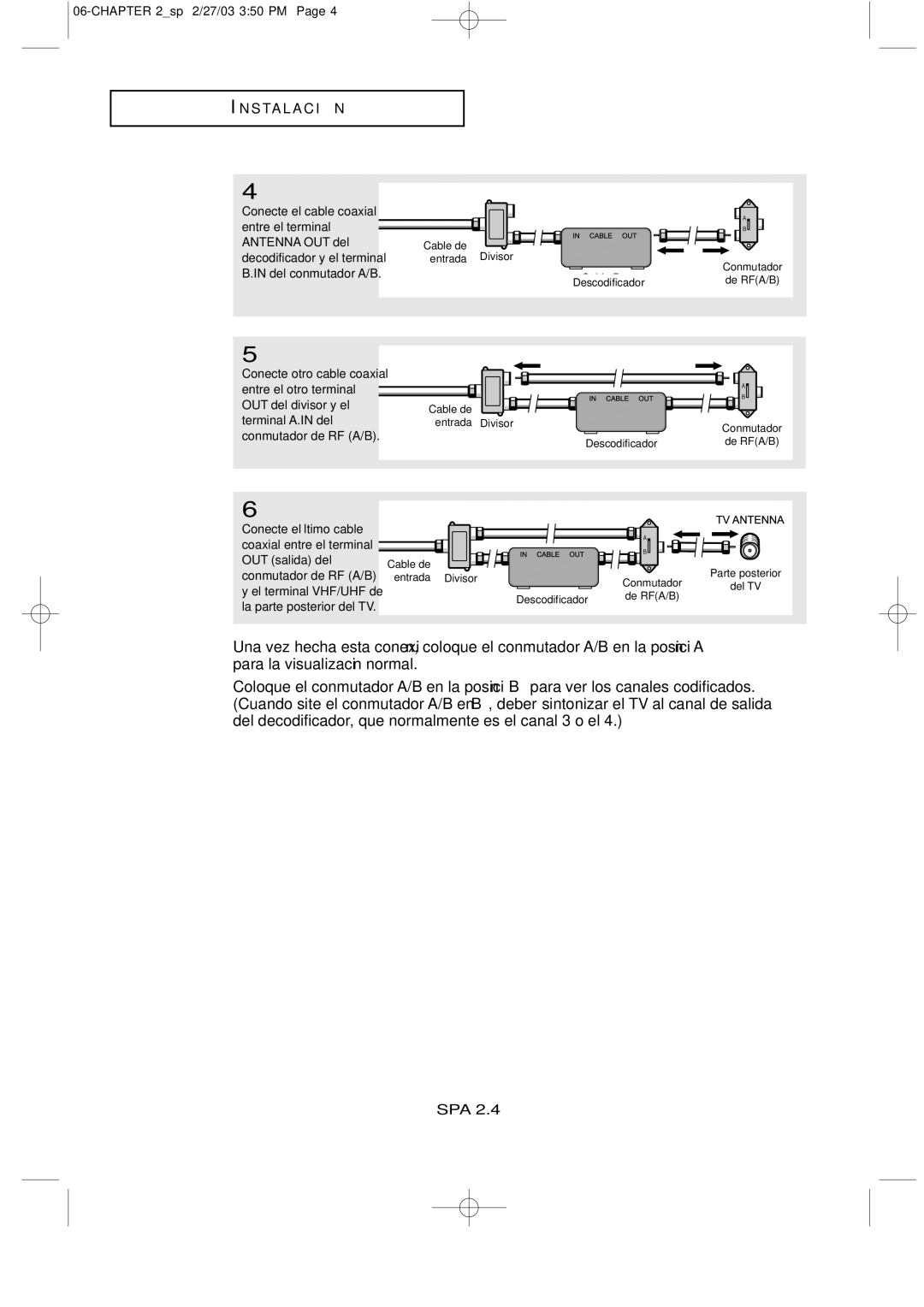 Samsung LTN1765, LTN1565 manual Cable de Divisor Entrada Conmutador Descodificador 