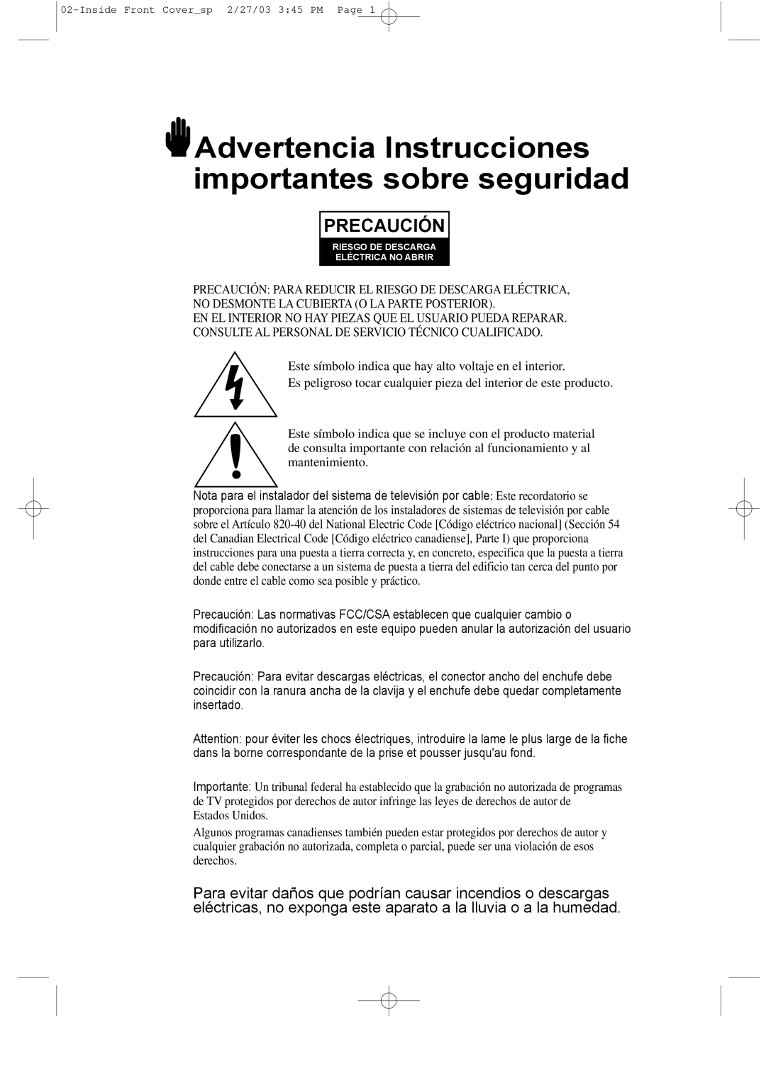 Samsung LTN1765, LTN1565 manual Advertencia Instrucciones importantes sobre seguridad 