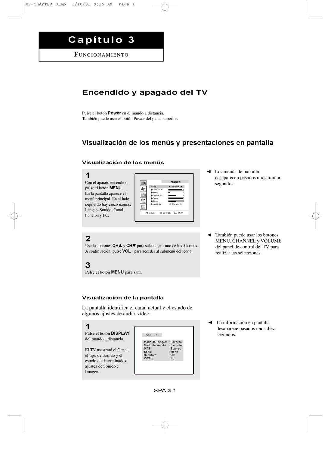 Samsung LTN1765, LTN1565 manual Encendido y apagado del TV, Visualización de los menús y presentaciones en pantalla 