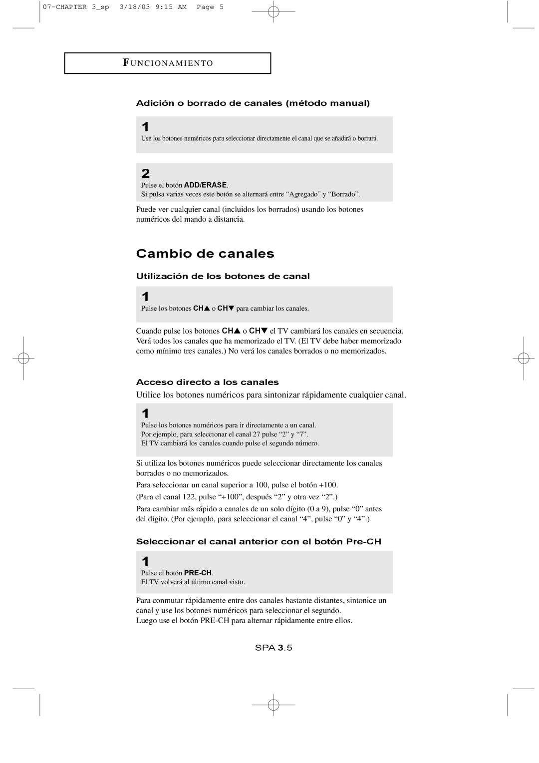 Samsung LTN1765 Cambio de canales, Adición o borrado de canales método manual, Utilización de los botones de canal 