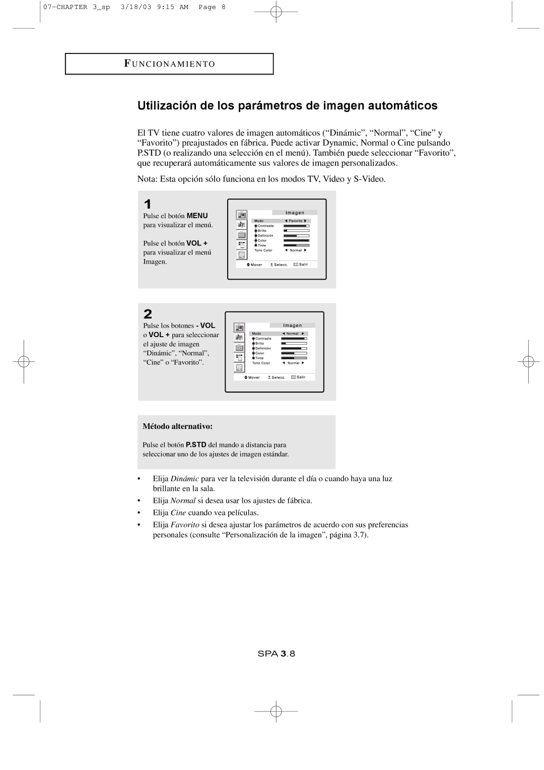 Samsung LTN1565, LTN1765 manual Utilización de los parámetros de imagen automáticos, Método alternativo 