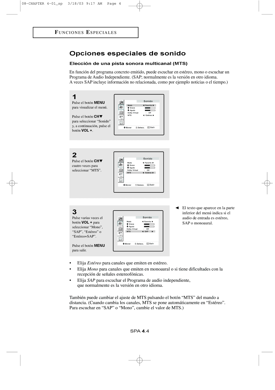 Samsung LTN1765, LTN1565 manual Opciones especiales de sonido, Elección de una pista sonora multicanal MTS 