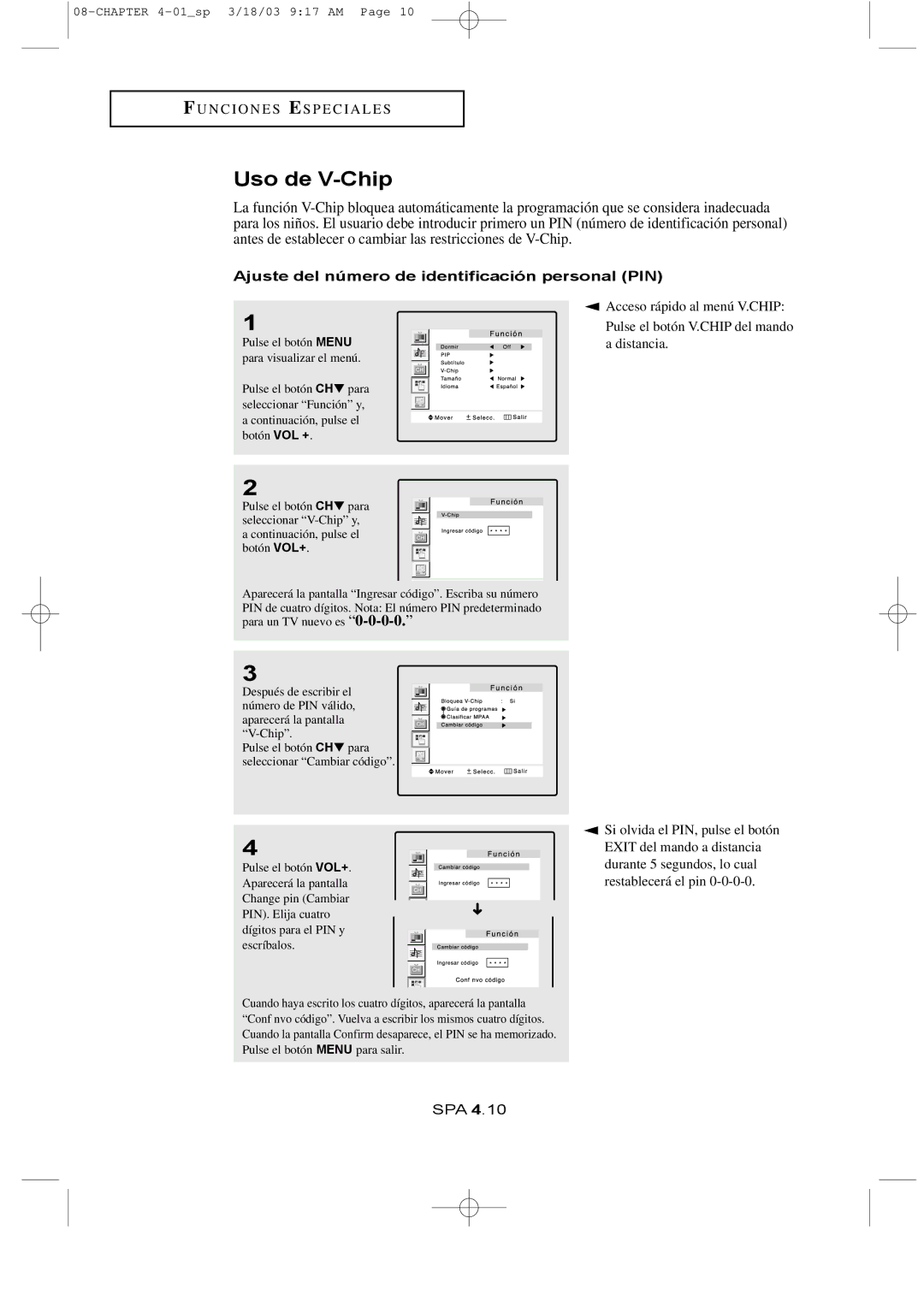 Samsung LTN1765, LTN1565 manual Uso de V-Chip, Ajuste del número de identificación personal PIN 