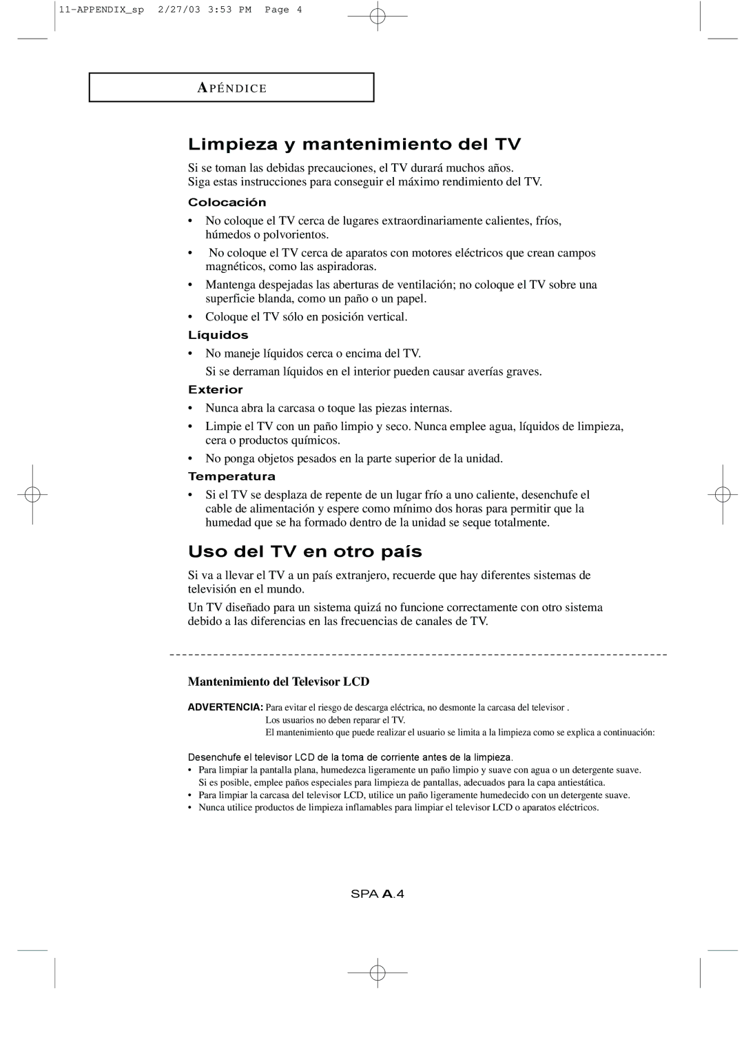 Samsung LTN1765, LTN1565 manual Limpieza y mantenimiento del TV, Uso del TV en otro país 