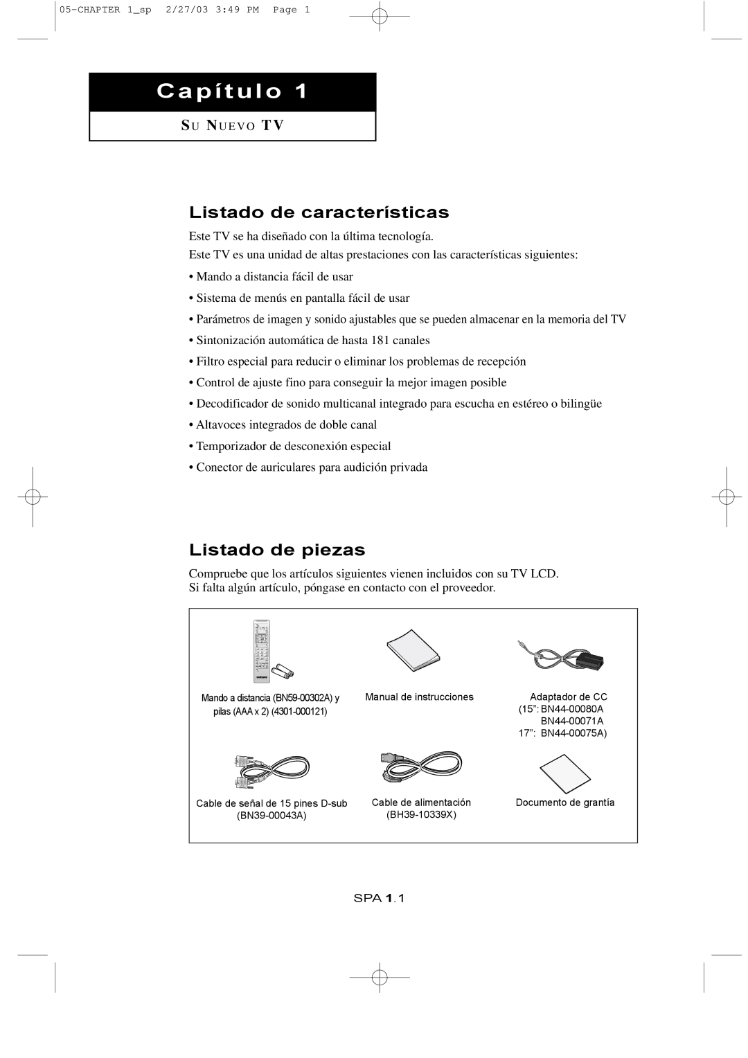 Samsung LTN1565, LTN1765 manual Listado de características, Listado de piezas 