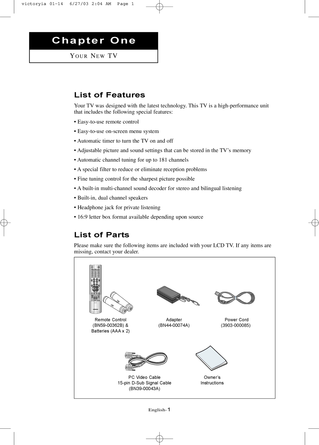 Samsung LTN1785W manual List of Features, List of Parts 