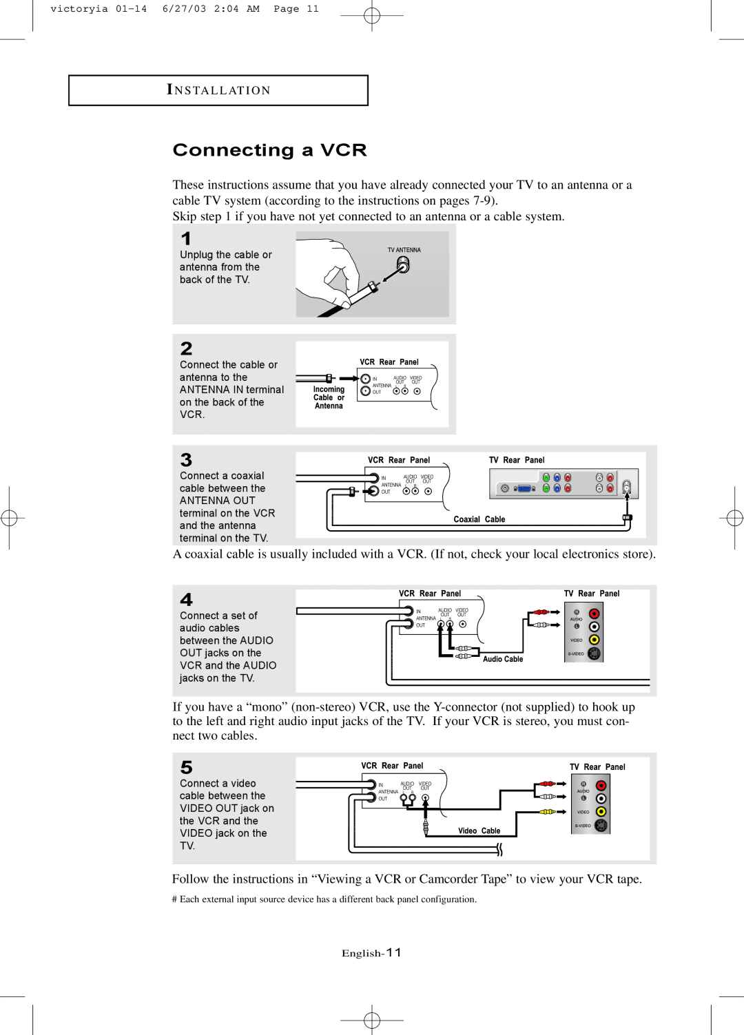 Samsung LTN1785W manual Connecting a VCR 