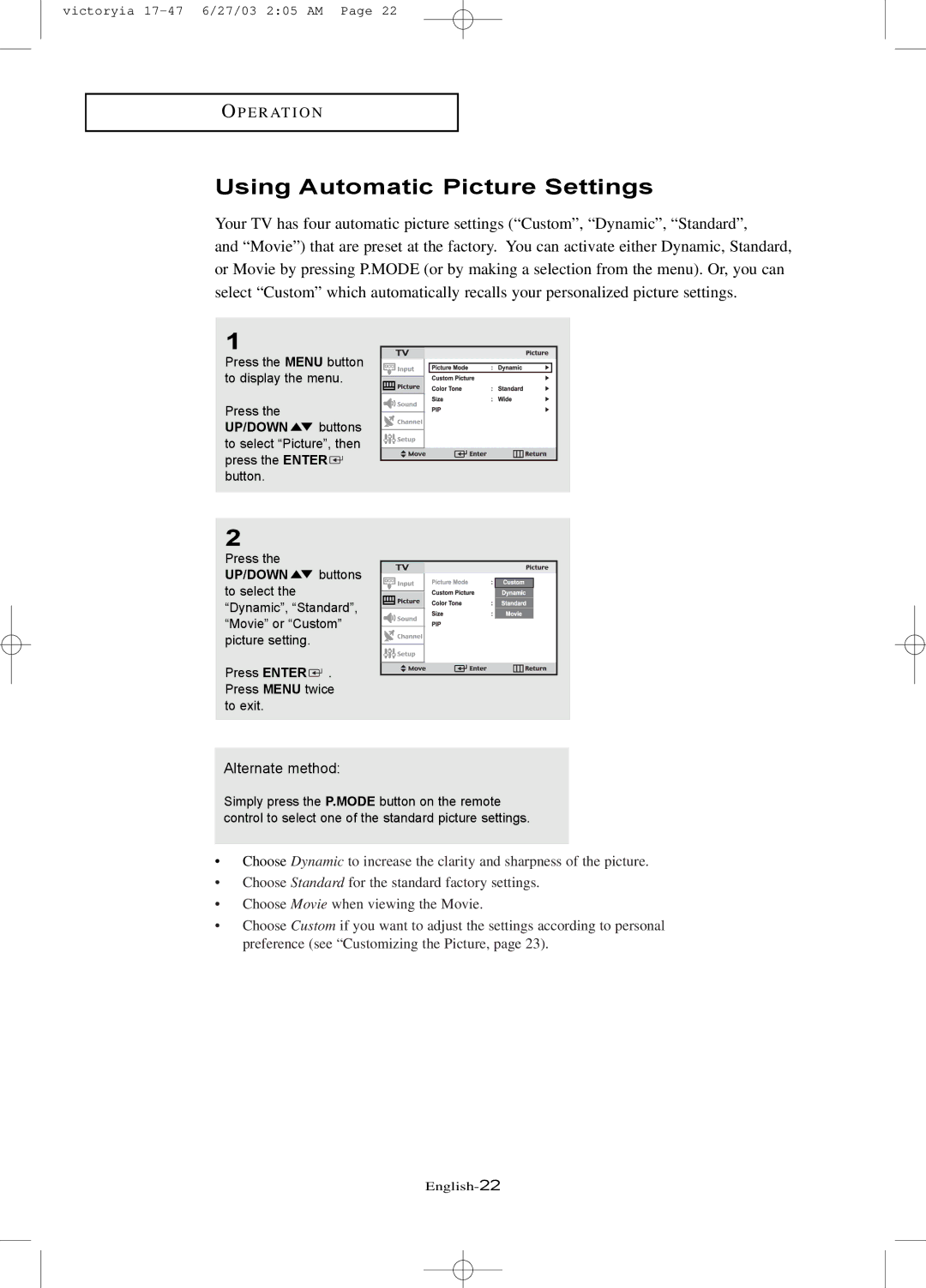 Samsung LTN1785W manual Using Automatic Picture Settings, Alternate method 