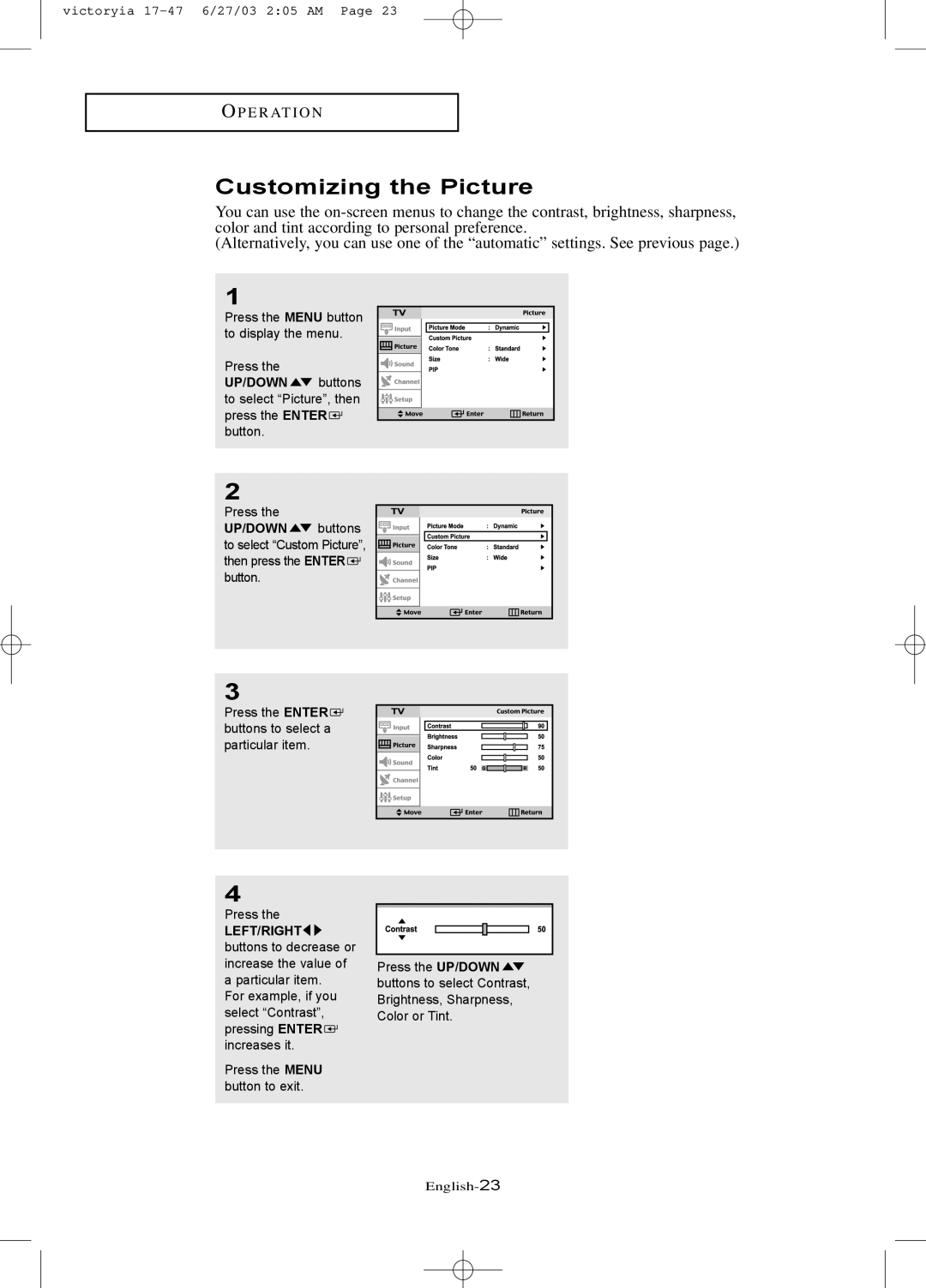 Samsung LTN1785W manual Customizing the Picture 