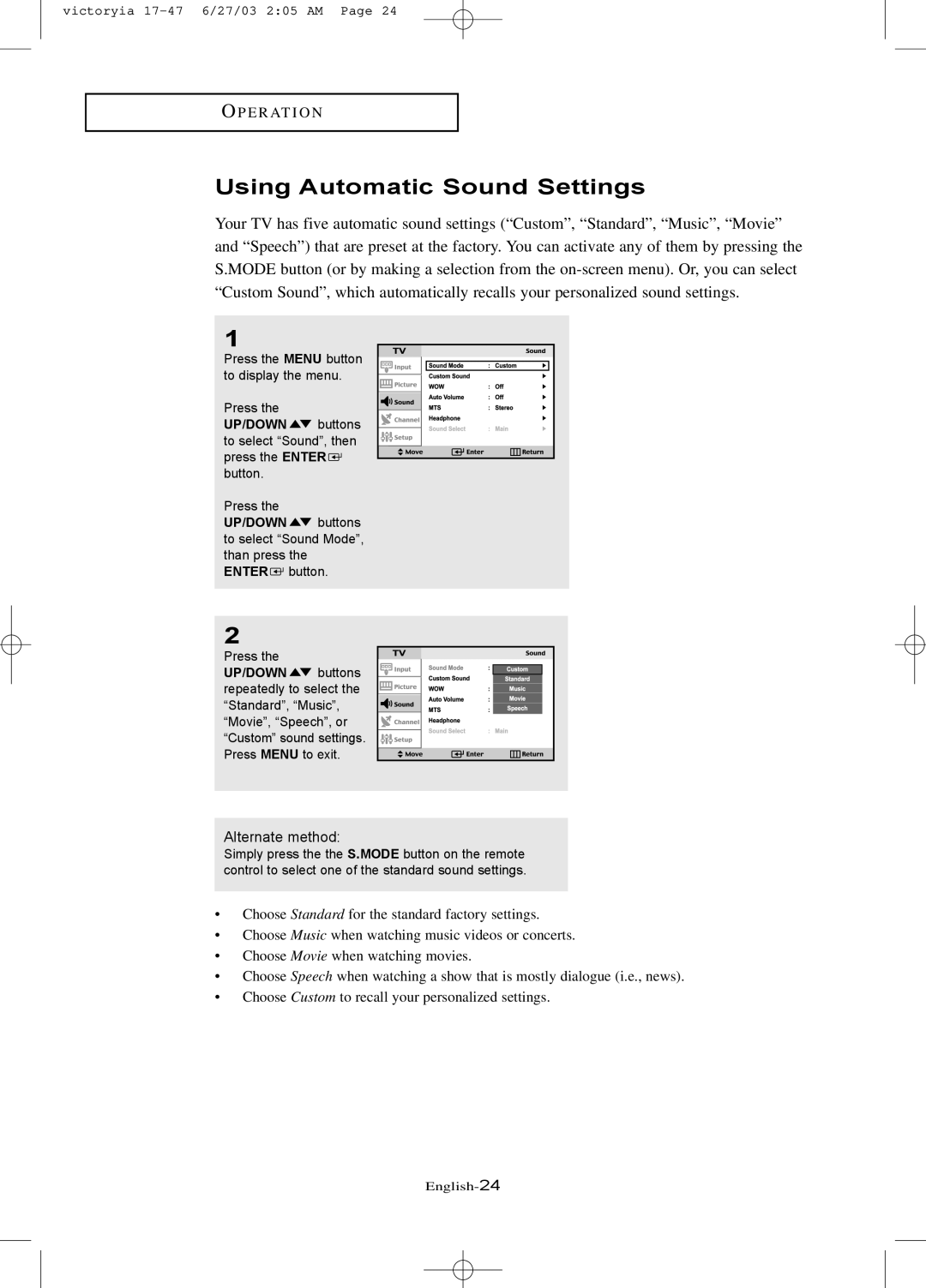 Samsung LTN1785W manual Using Automatic Sound Settings 