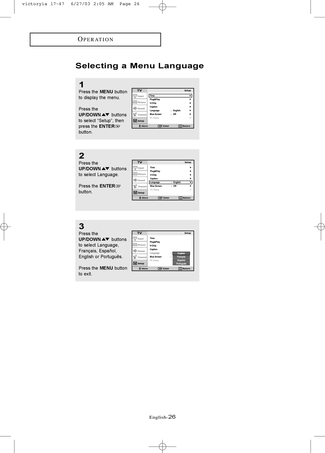 Samsung LTN1785W manual Selecting a Menu Language 