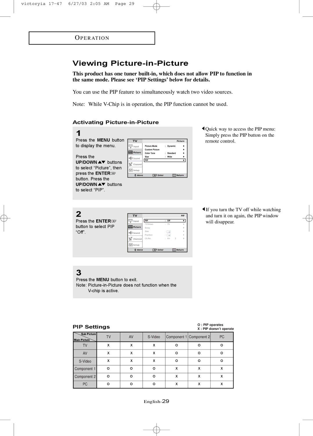 Samsung LTN1785W manual Viewing Picture-in-Picture, Activating Picture-in-Picture, PIP Settings 