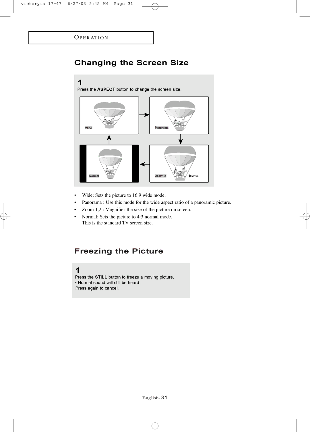 Samsung LTN1785W manual Changing the Screen Size, Freezing the Picture 