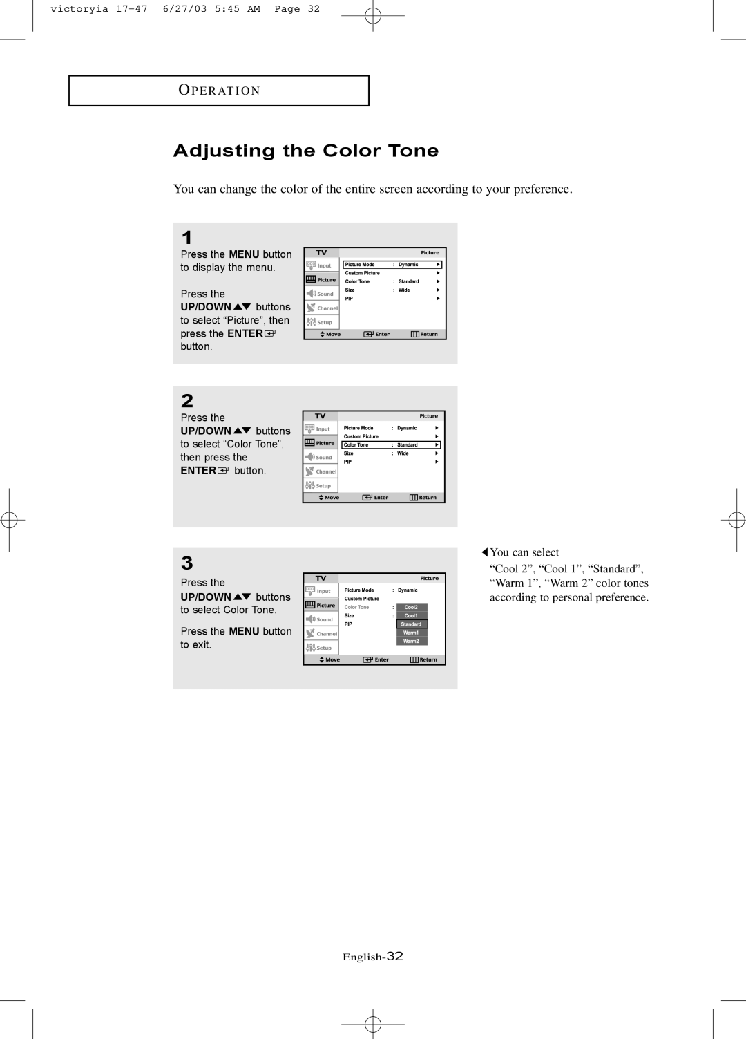 Samsung LTN1785W manual Adjusting the Color Tone 