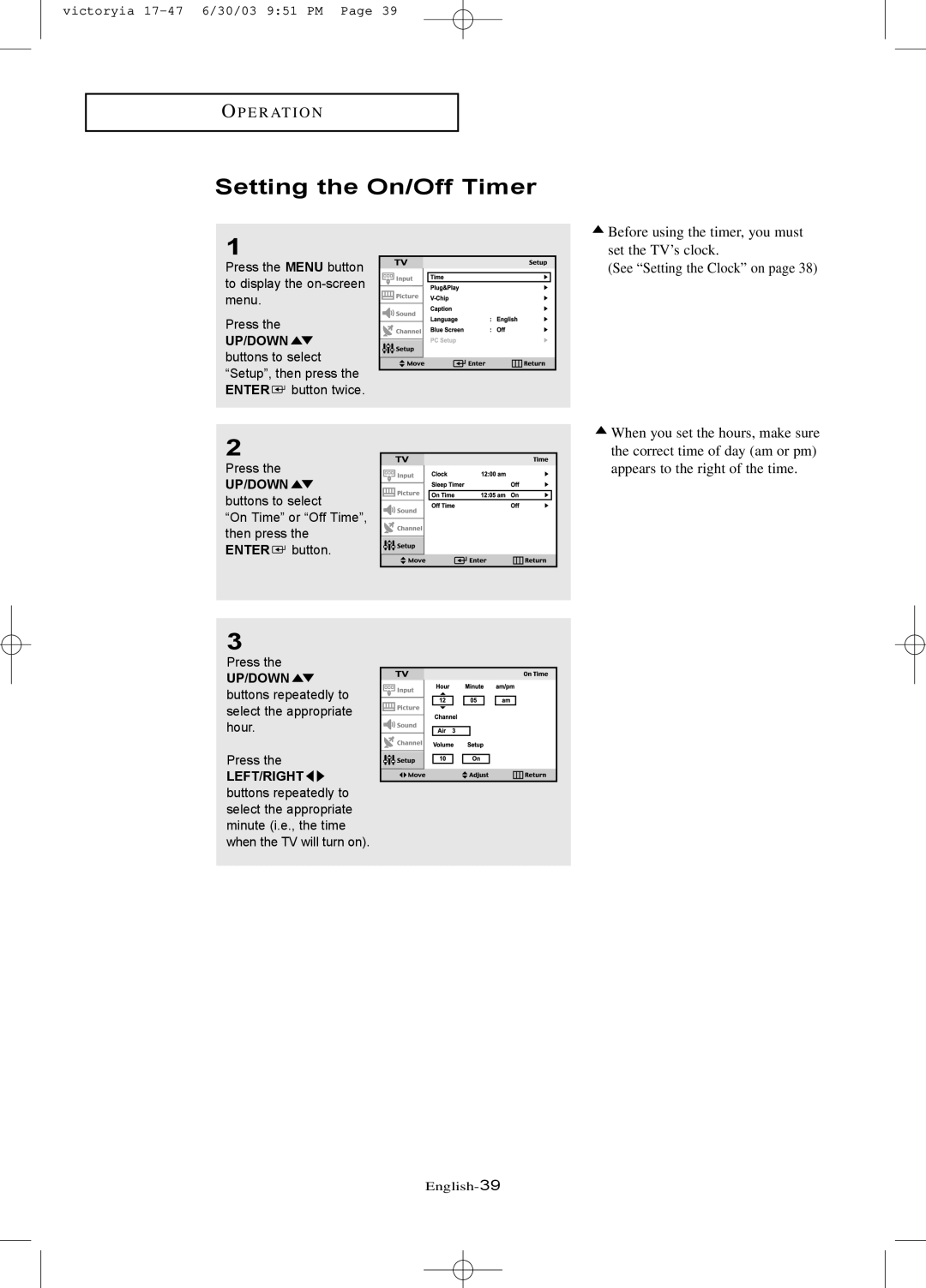 Samsung LTN1785W manual Setting the On/Off Timer 