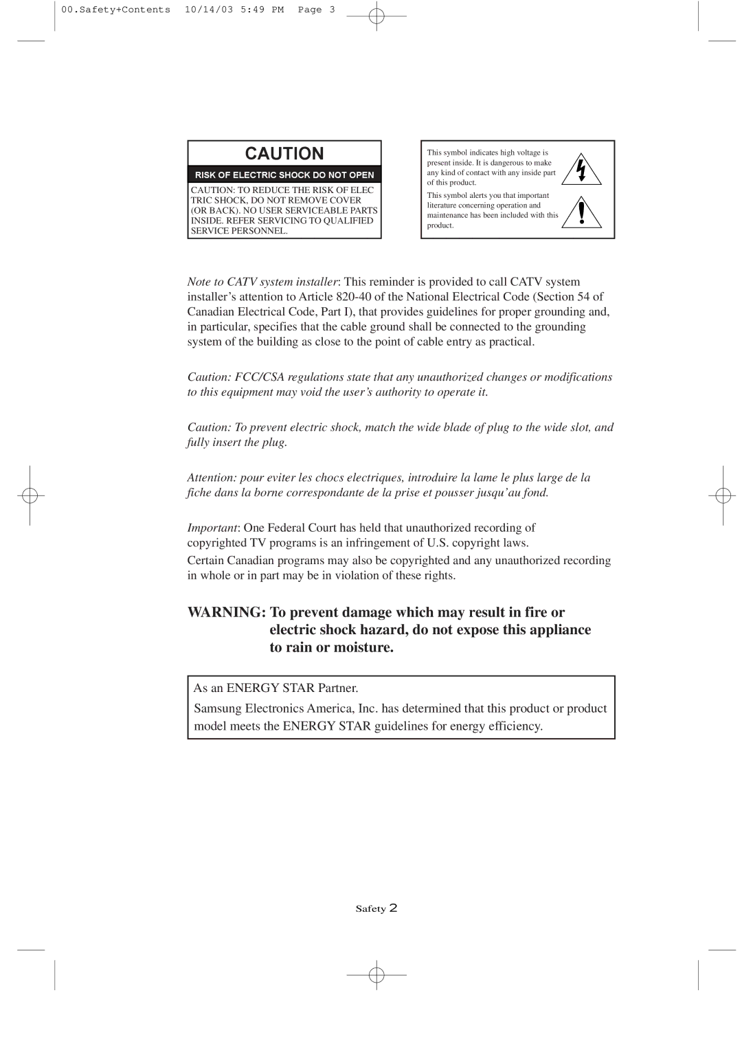 Samsung LTN1785W manual Risk of Electric Shock do not Open 