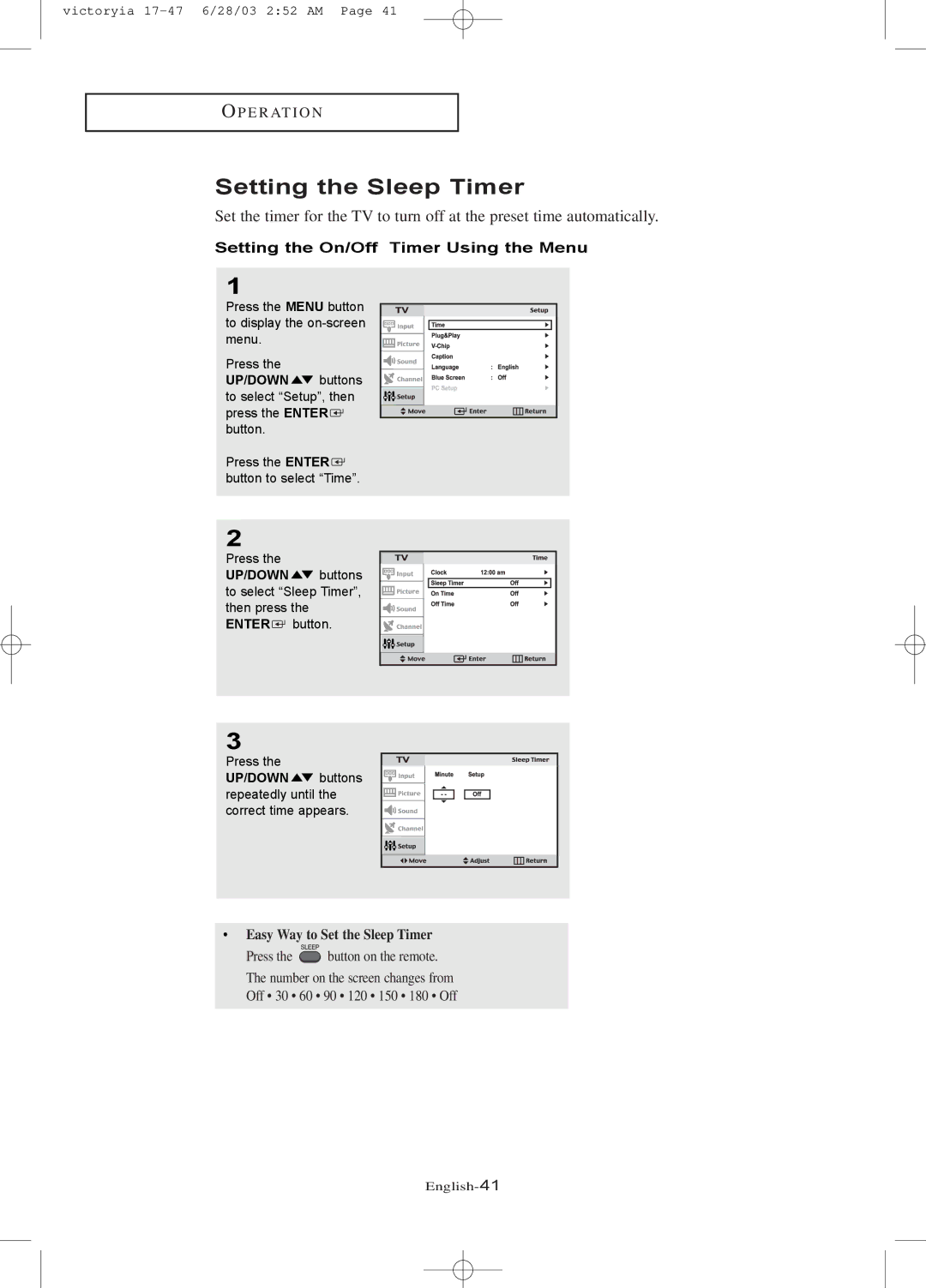 Samsung LTN1785W manual Setting the Sleep Timer, Setting the On/Off Timer Using the Menu 