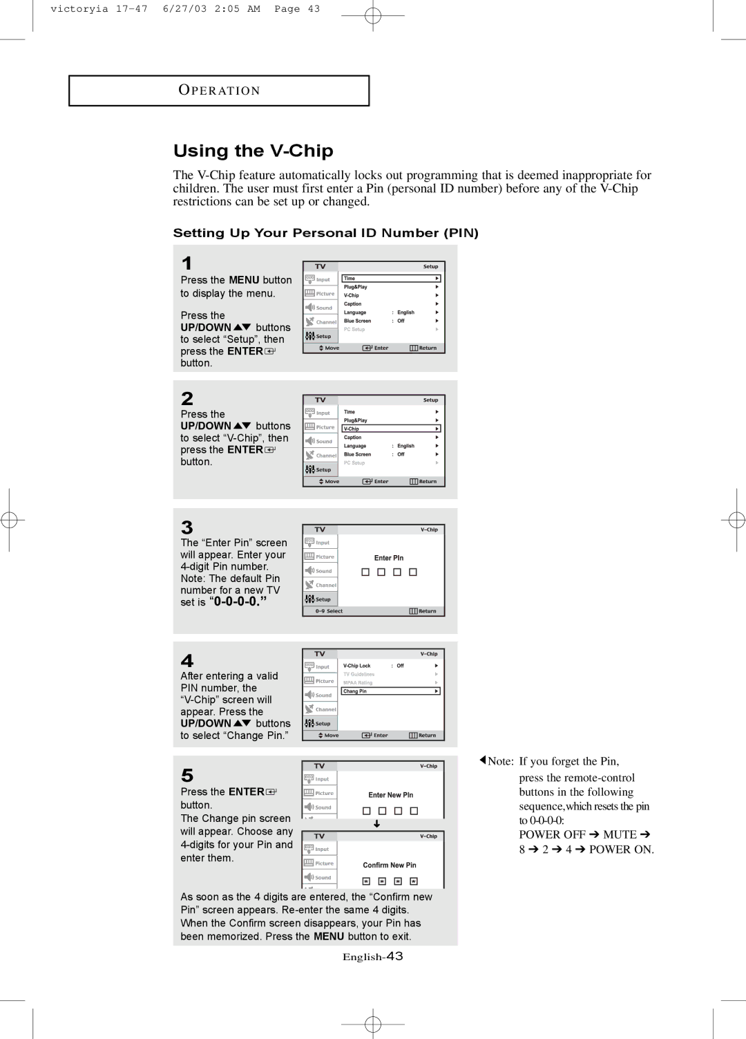 Samsung LTN1785W manual Using the V-Chip, Setting Up Your Personal ID Number PIN 