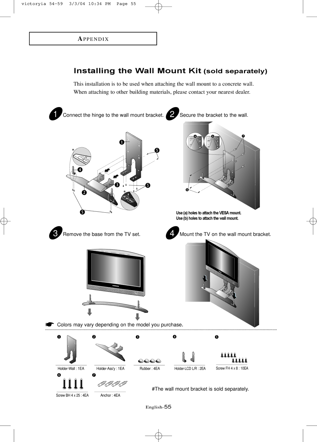 Samsung LTN1785W manual Installing the Wall Mount Kit sold separately 