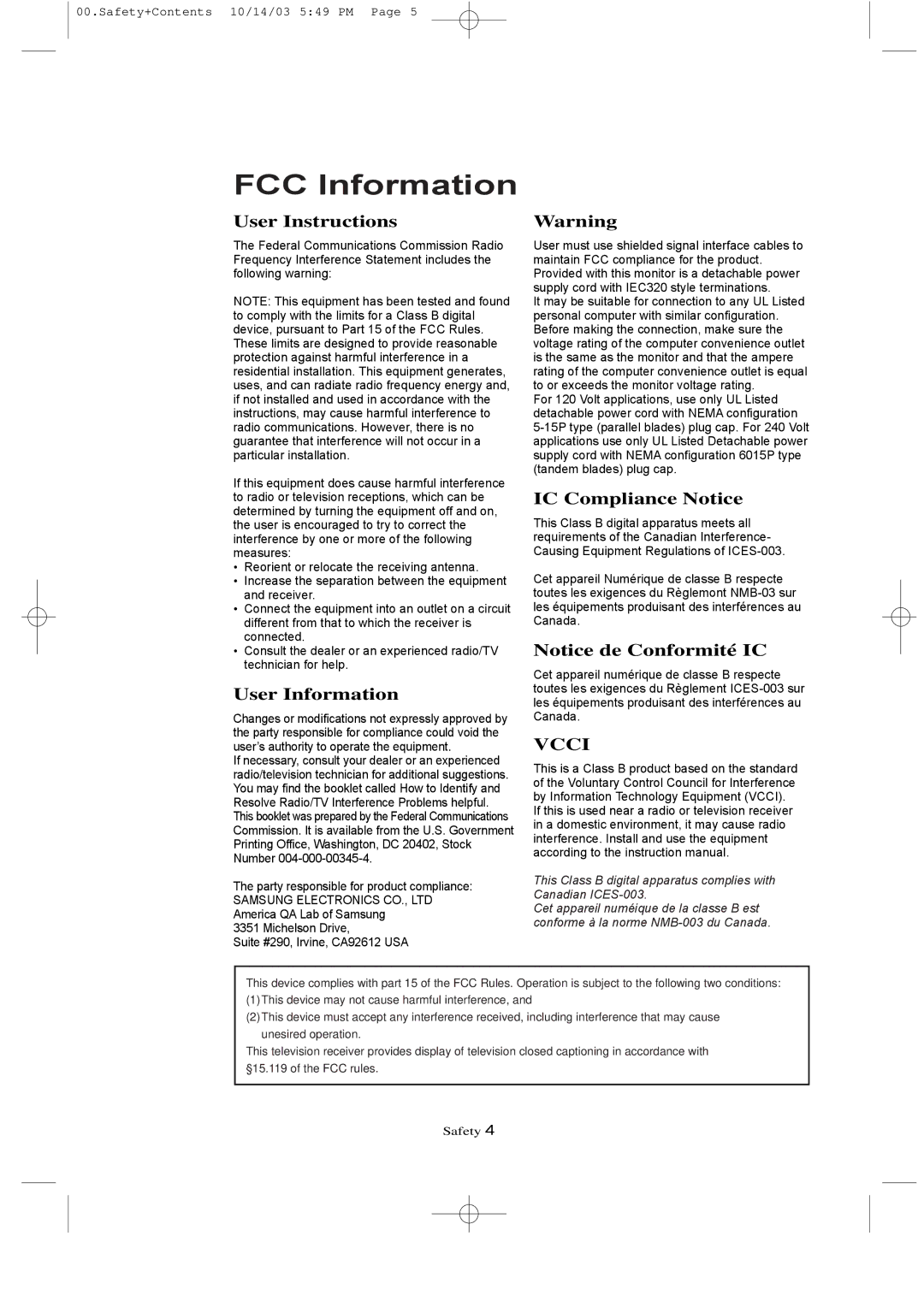 Samsung LTN1785W manual FCC Information 