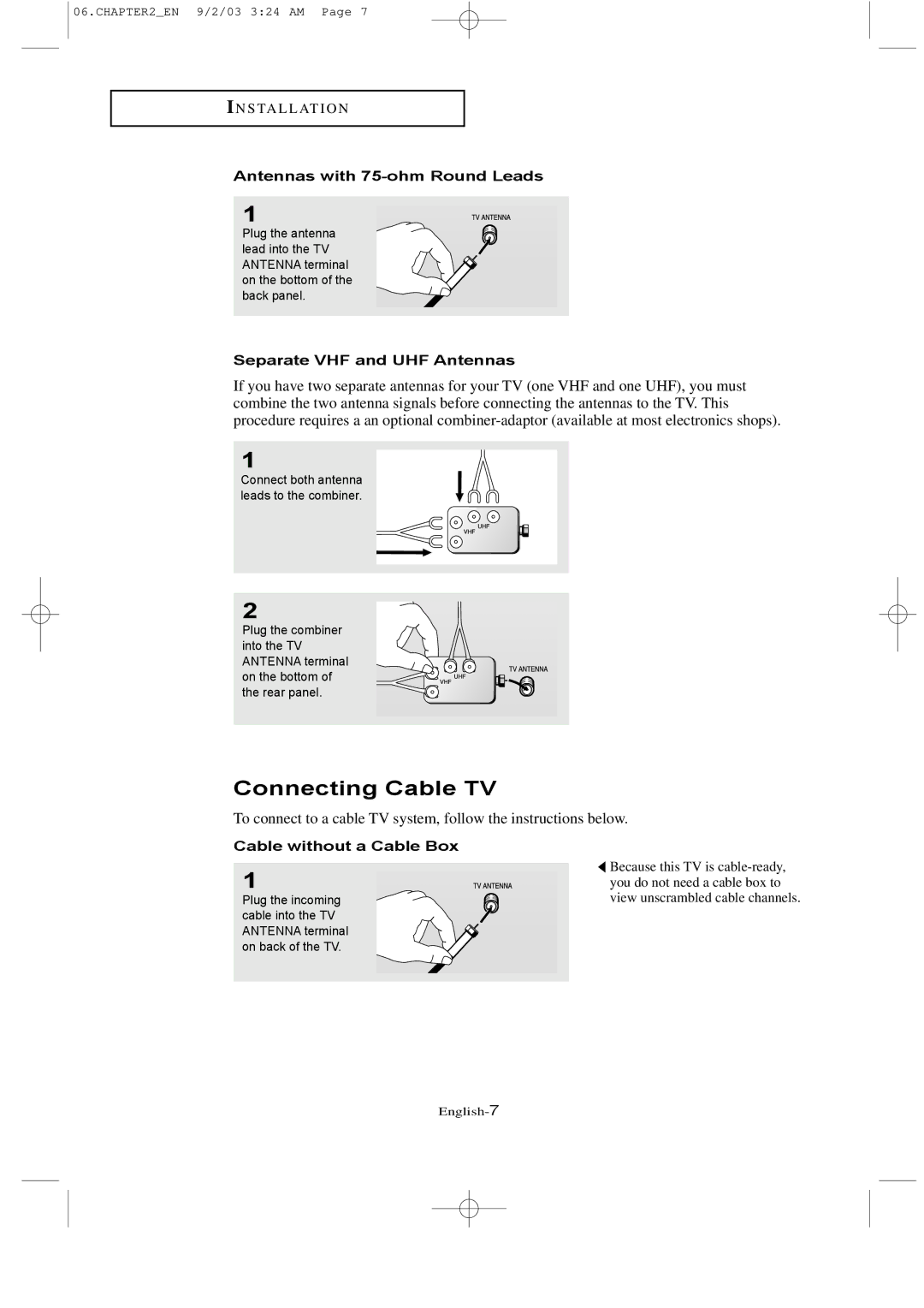 Samsung LTN226W manual Connecting Cable TV, Antennas with 75-ohm Round Leads, Separate VHF and UHF Antennas 