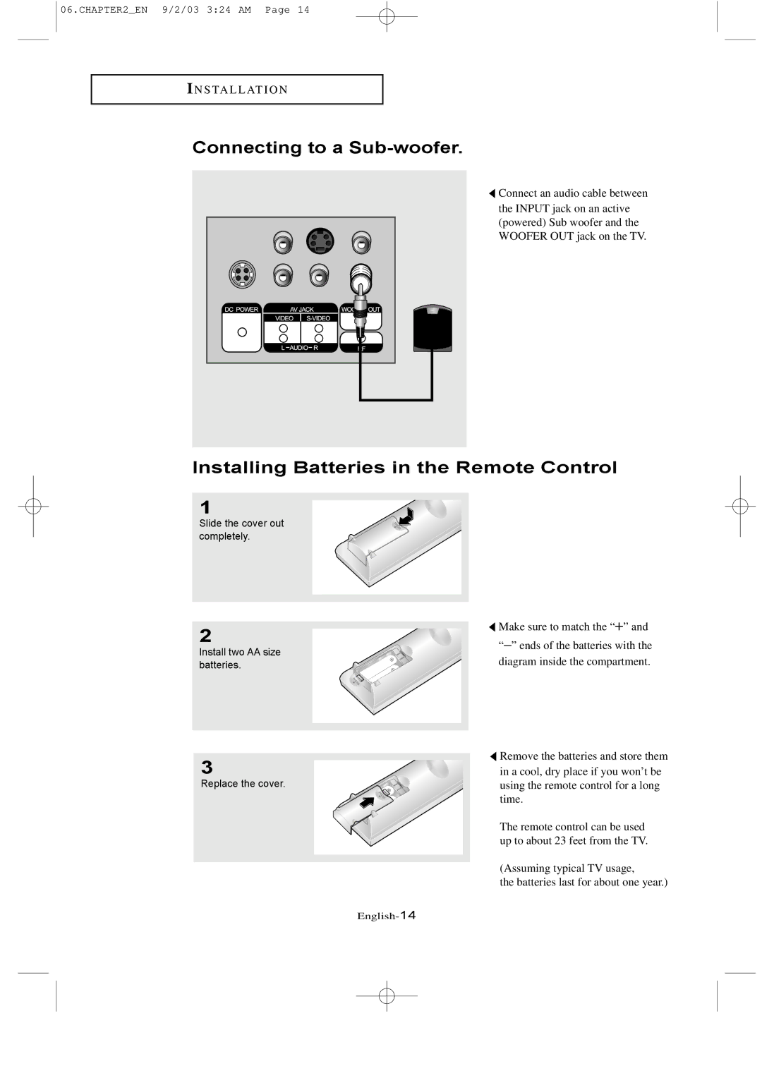 Samsung LTN226W manual Connecting to a Sub-woofer, Installing Batteries in the Remote Control 