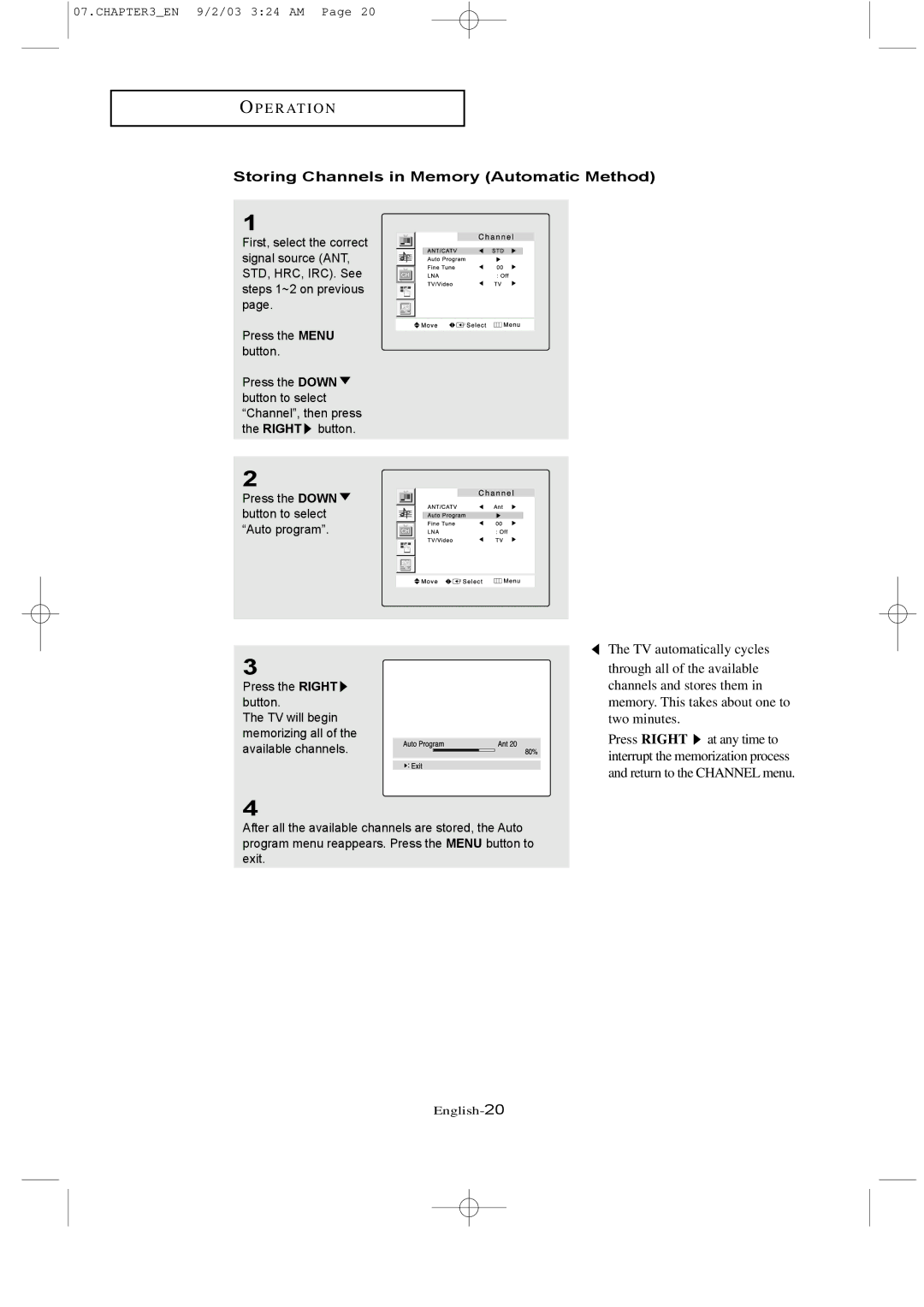 Samsung LTN226W manual Storing Channels in Memory Automatic Method 