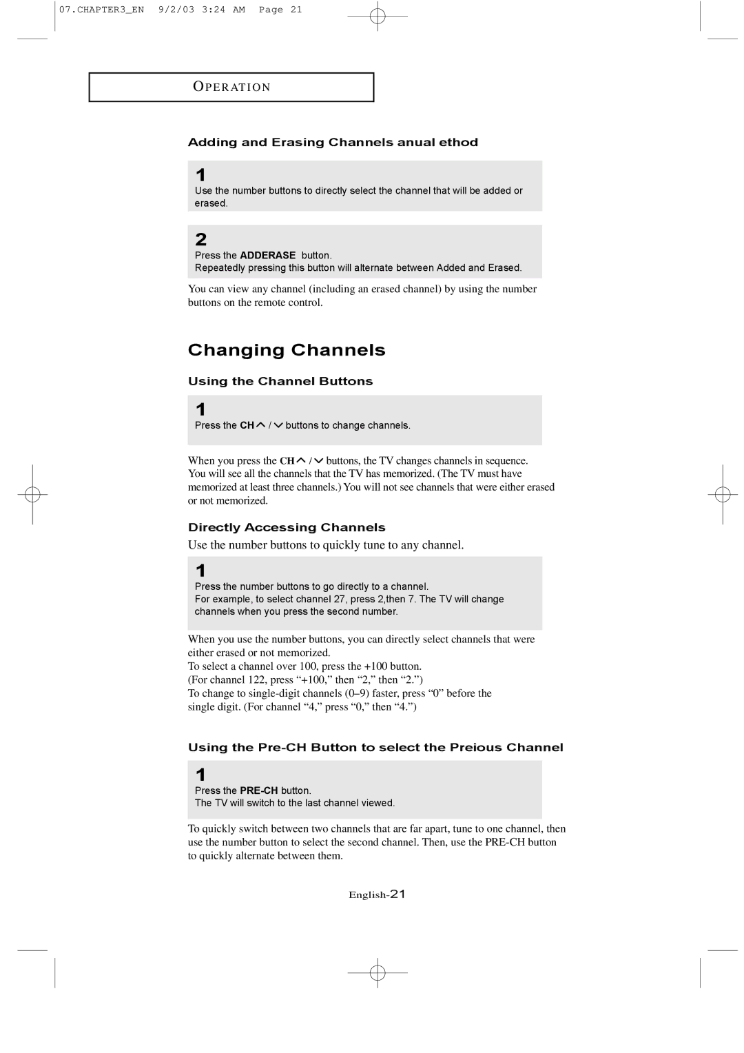 Samsung LTN226W manual Changing Channels, Adding and Erasing Channels Manual Method, Using the Channel Buttons 