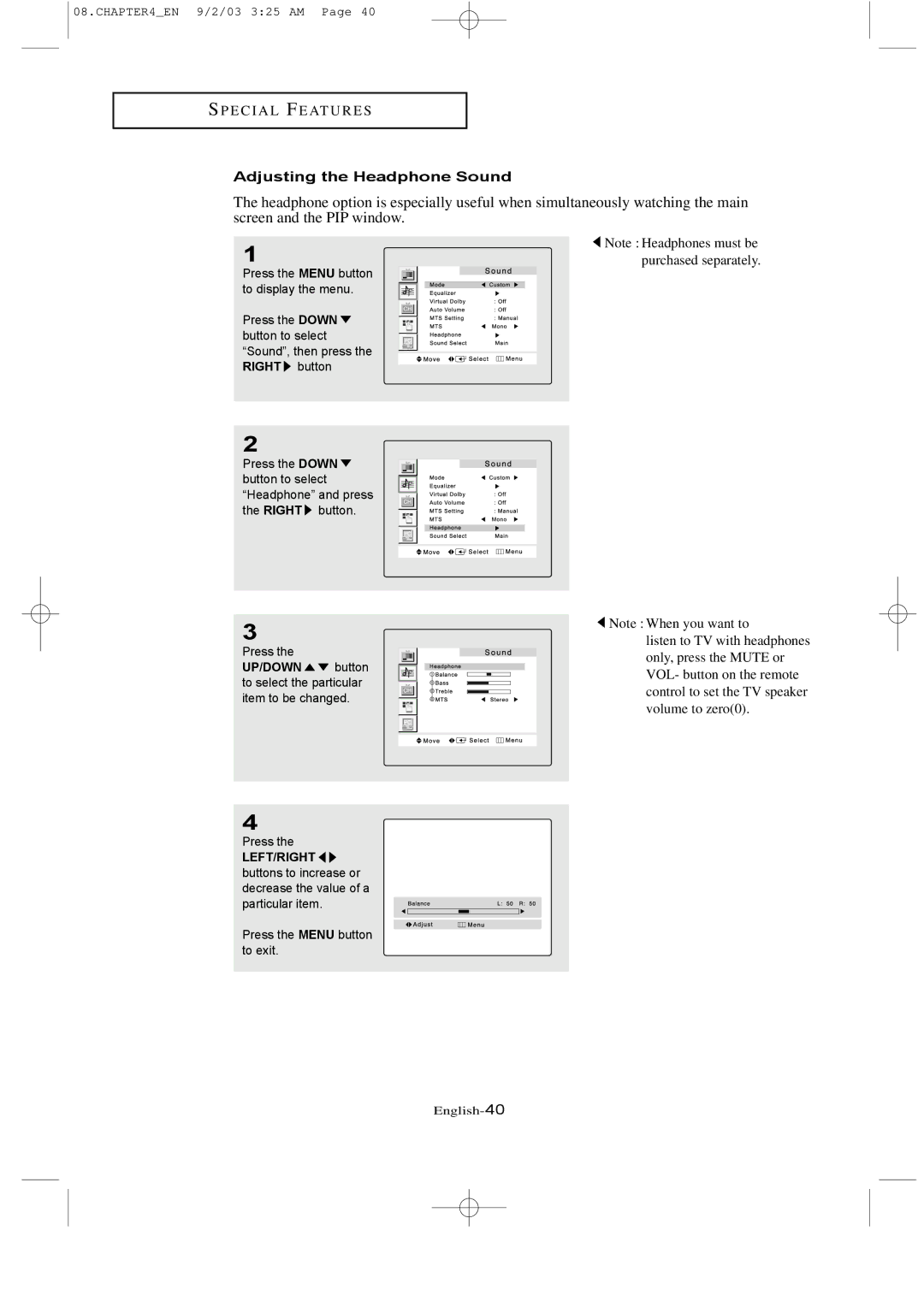 Samsung LTN226W manual Adjusting the Headphone Sound 