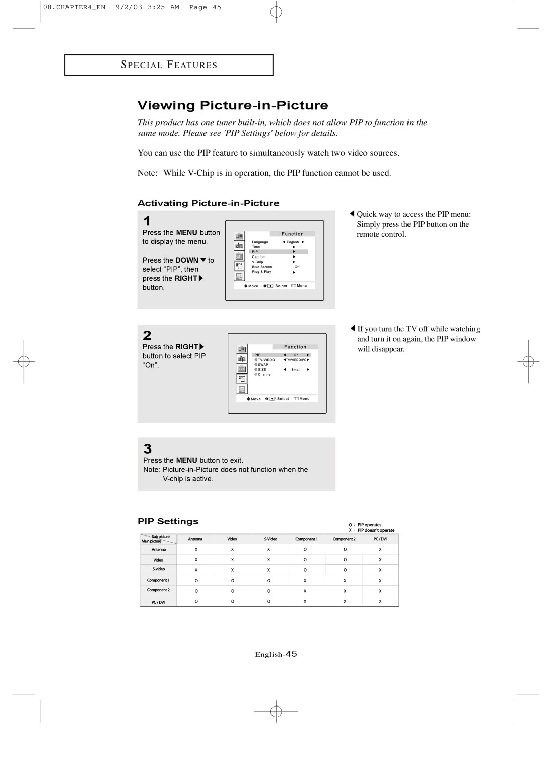 Samsung LTN226W manual Viewing Picture-in-Picture, Activating Picture-in-Picture, PIP Settings 