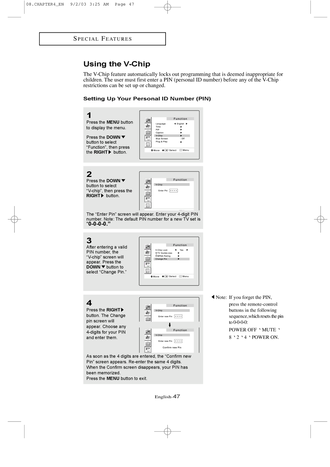 Samsung LTN226W manual Using the V-Chip, Setting Up Your Personal ID Number PIN 