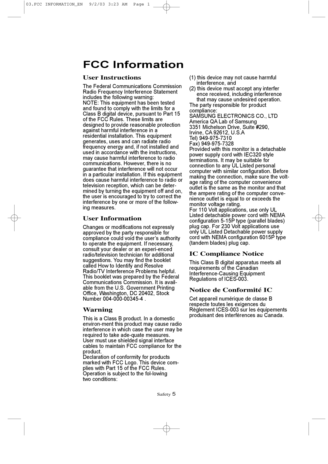 Samsung LTN226W manual FCC Information 