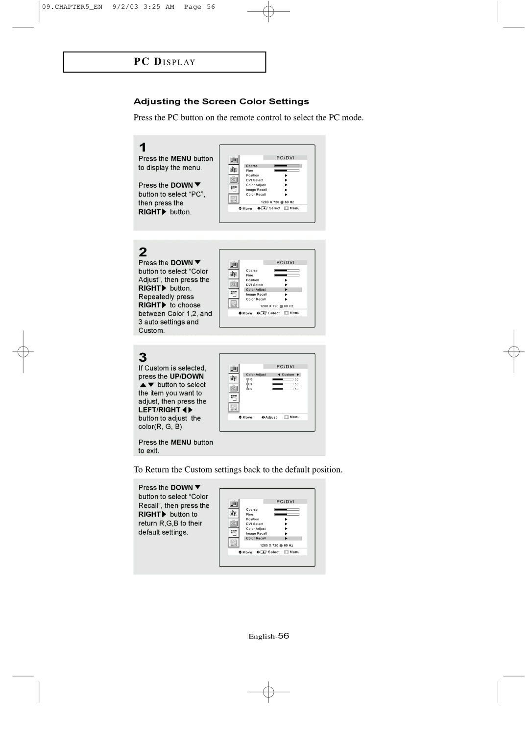 Samsung LTN226W manual To Return the Custom settings back to the default position, Adjusting the Screen Color Settings 