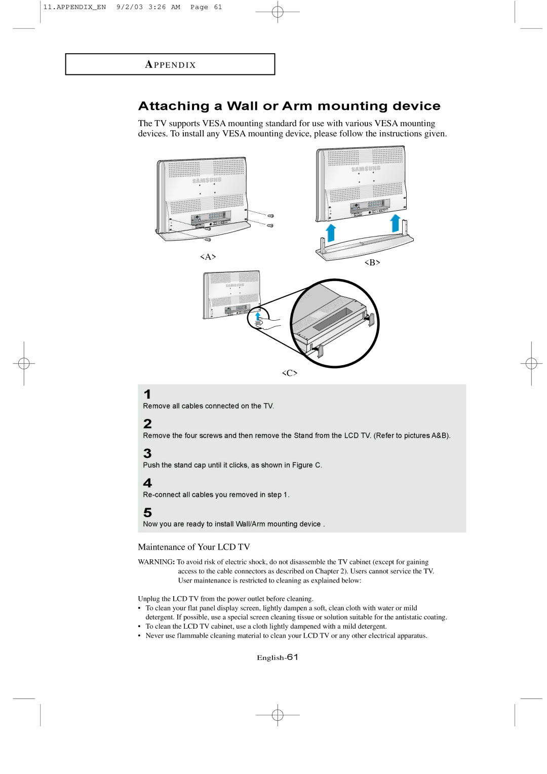 Samsung LTN226W manual Attaching a Wall or Arm mounting device, Maintenance of Your LCD TV 